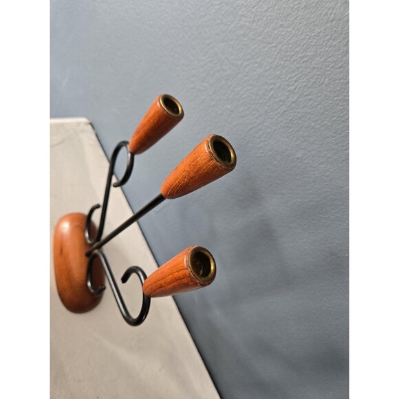 Danish Teak Three Arm Candleholder Luthje Denmark Modernist Brass Metal and Wood - Picture 5 of 10